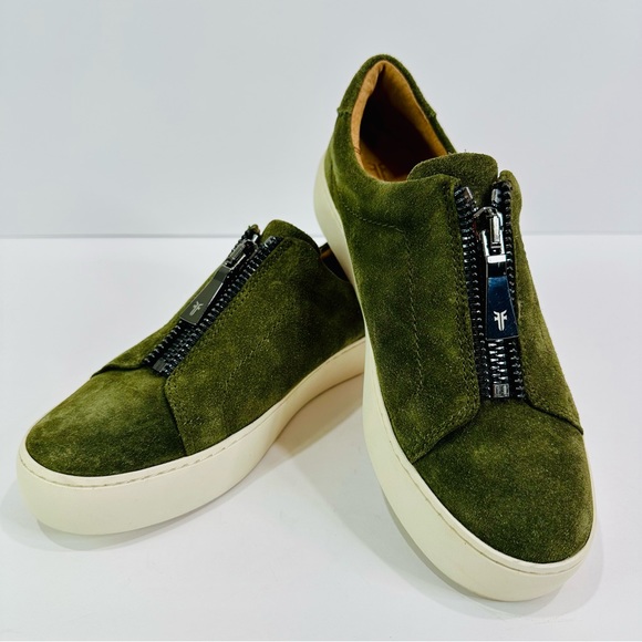 🎀 FRYE WOMENS OLIVE GREEN SUEDE ZIP UP SNEAKERS NEVER WORN SIZE 7 1/2 SLIP-ONS - Picture 9 of 10